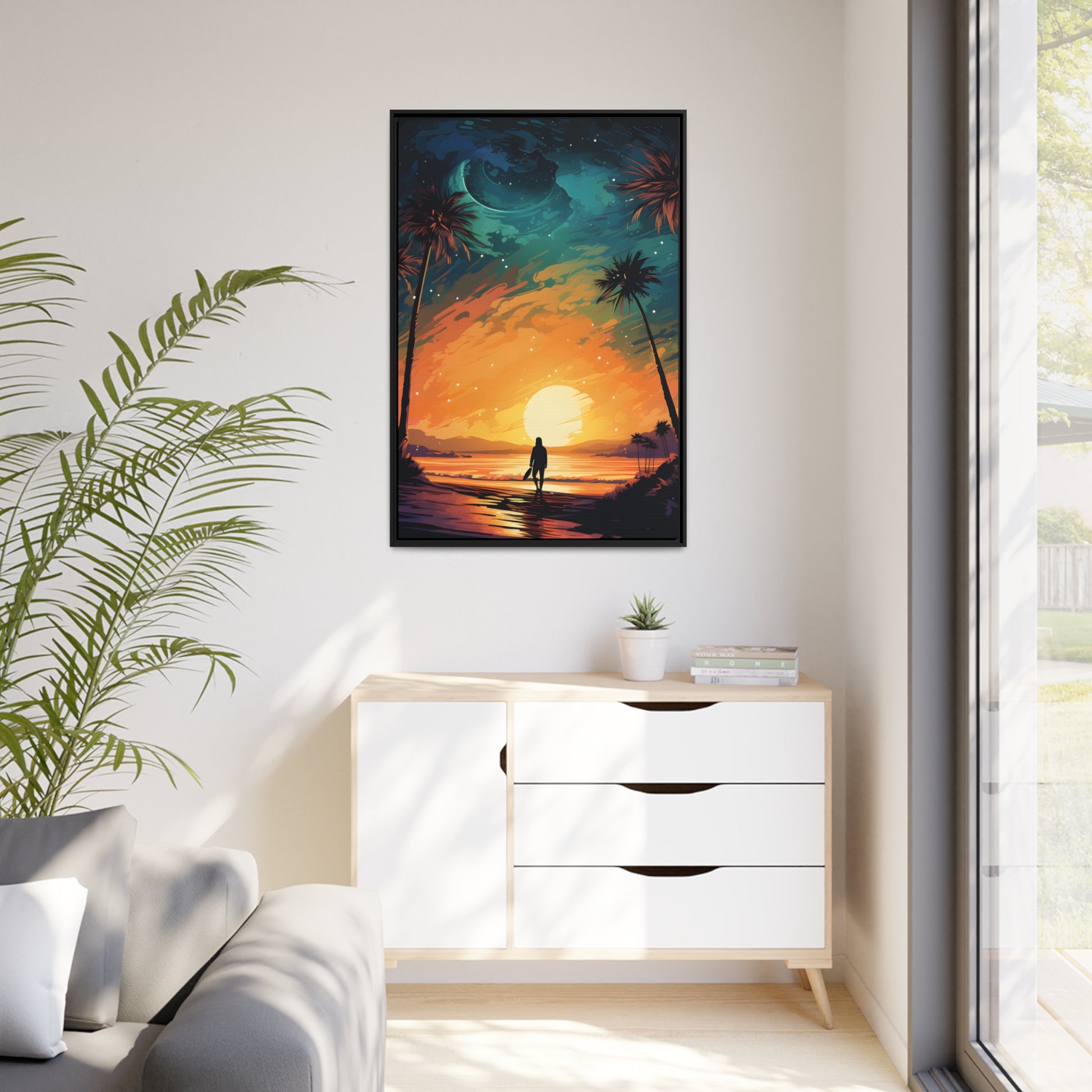 Framed Canvas Lifestyle/Ocean Side Artwork Smooth Ocean Water Dark Sunset Palm Tree Silhouettes Line The Pathway Large Sun Setting In Line With Perspective Moon Lit Star Filled Night Sky Floating Canvas Framed Artwork
