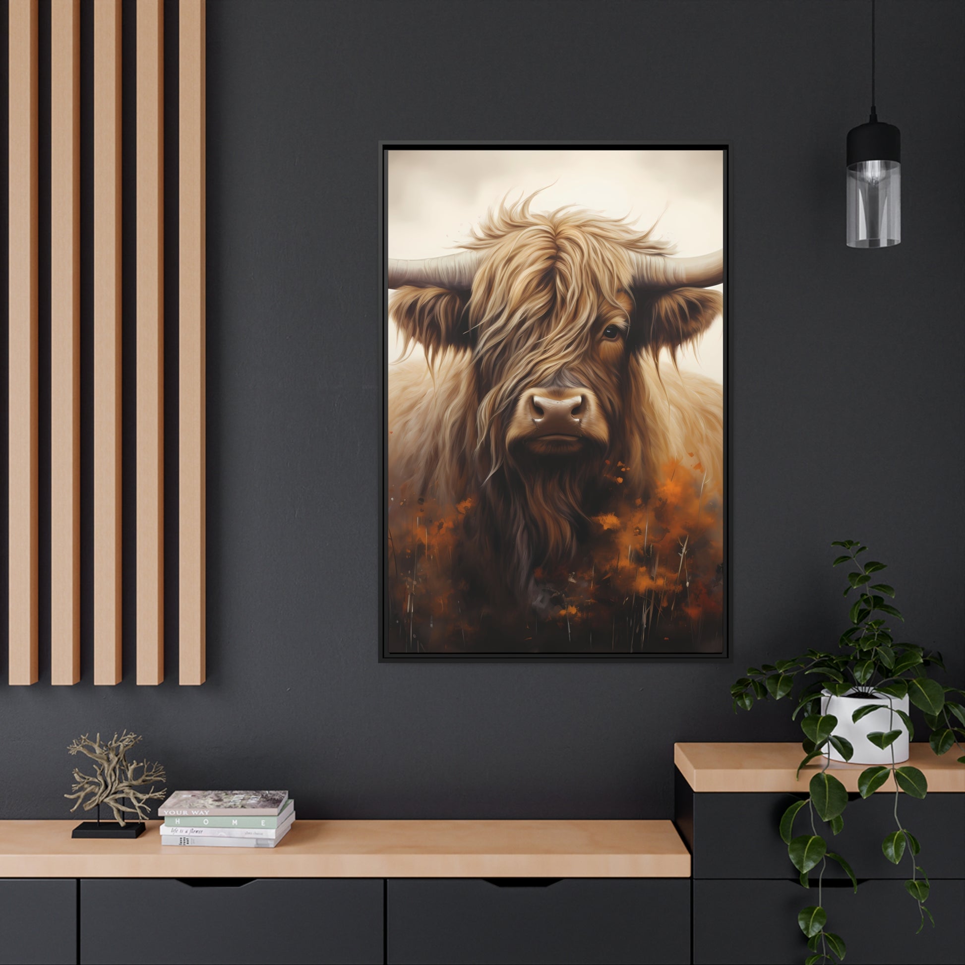 Framed Canvas Artwork Strong Stunning Highlander Bull Warm Fiery Flames Emotional Stylish Bull Staring Into The Viewer Captivating Highly Detailed Painting Style Perfect To Warm Up A Homestead Or Country Home