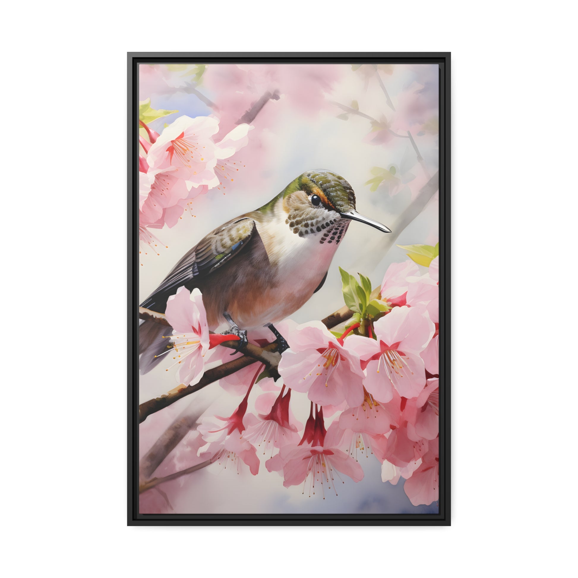 Framed Canvas Artwork Humming Bird Amongst Cherry Blossoms Floating Frame Canvas Artwork