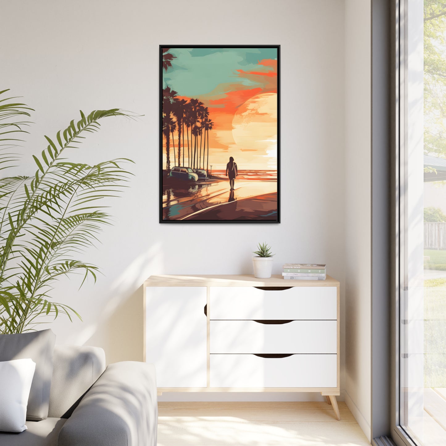 Framed Canvas artwork sunset watercolor oceanside framed painting Warm Colors Vintage Cars And A Large Sun Setting Into The Horizon Floating Canvas Framed Artwork