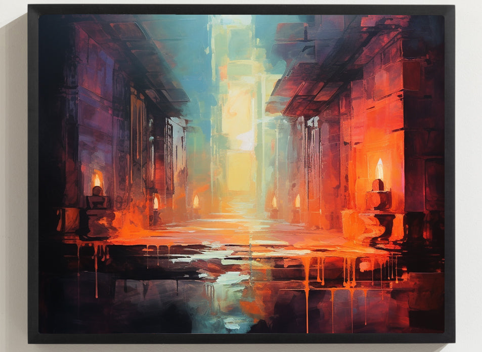 Framed Print Abstract artwork Vibrant Art Framed Oil Painting Style Stone Surroundings Lit By Candle Light Overall Ancient Feel Surrounded By Stone Abstract Art