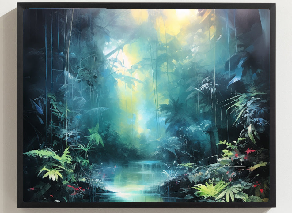 Framed Print Abstract Artwork Dense Misty Jungle And Stream Of Water Truly A Mesmerising Unworldly Scene Oil Painting Style Abstract Art Natural Conversation Starter Framed Poster Nature