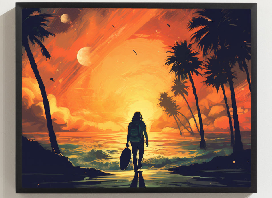 Framed Print Artwork Beach Ocean Surfing Warm Suns Set Art Surfer Walking Down To The Beach Holding Surfboard Palm Tree Silhouettes Sets The Tone Framed Poster Artwork
