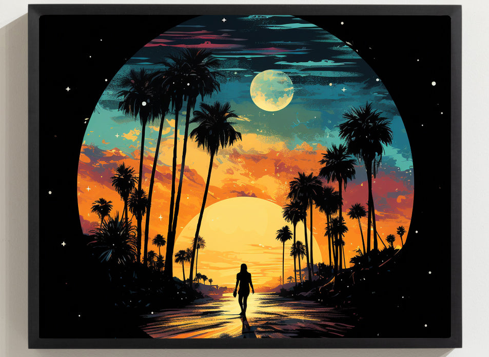 Framed Print artwork sunset watercolor oceanside framed painting Warm Colors Vintage Cars And A Large Sun Setting Into The Horizon Framed Print Artwork