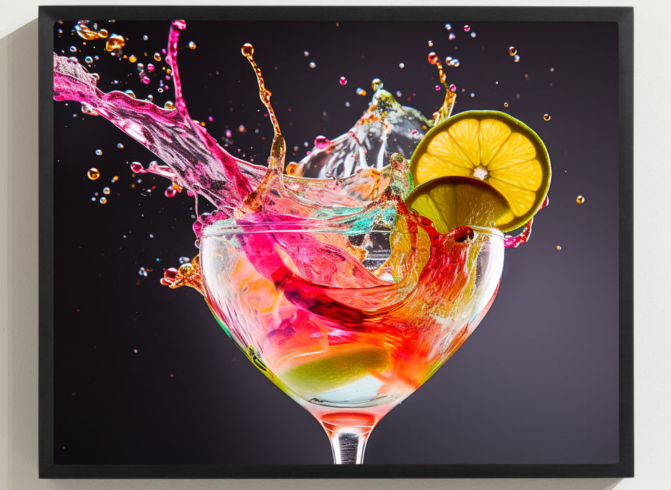 Framed Print Artwork Bright Colorful Cocktail Splashing Out Of The Glass Lemon Slices Lining Champagne Glass Vibrant Bright Drink Inside Glass Framed Poster Painting Alcohol Art