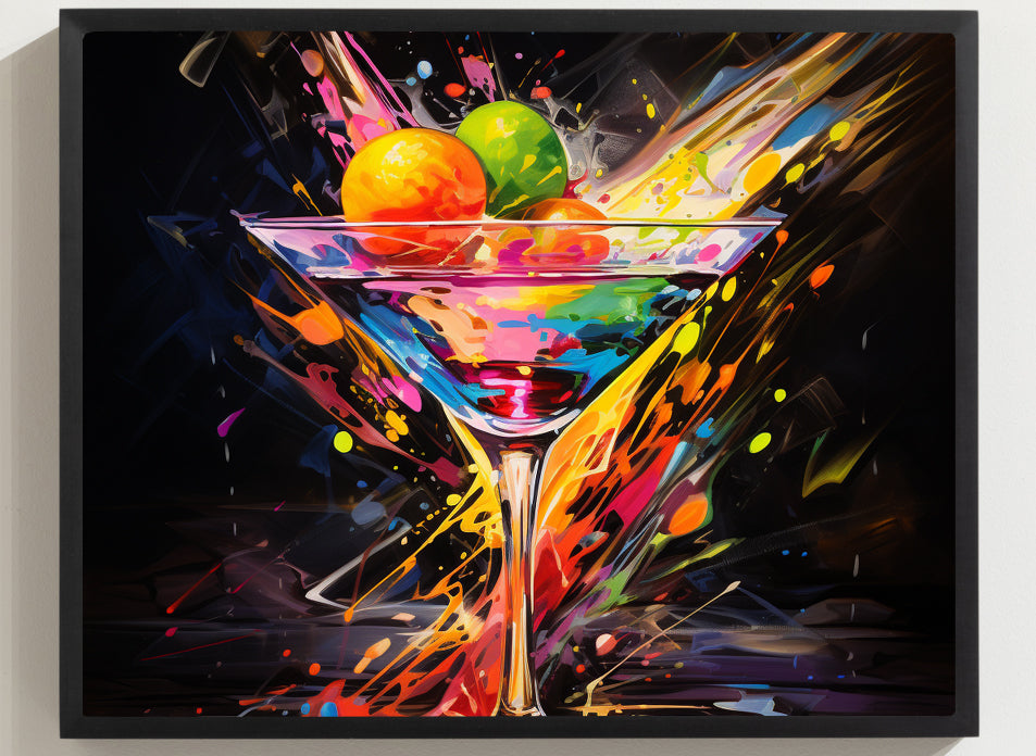 Framed Print artwork Bar/Night Life Art Bright Vibrant Neon Splashes Surrounding A Martini Glass Full Of Alcohol On Black Background Framed Poster Painting Alcohol Art Iced Drink Close Up 
