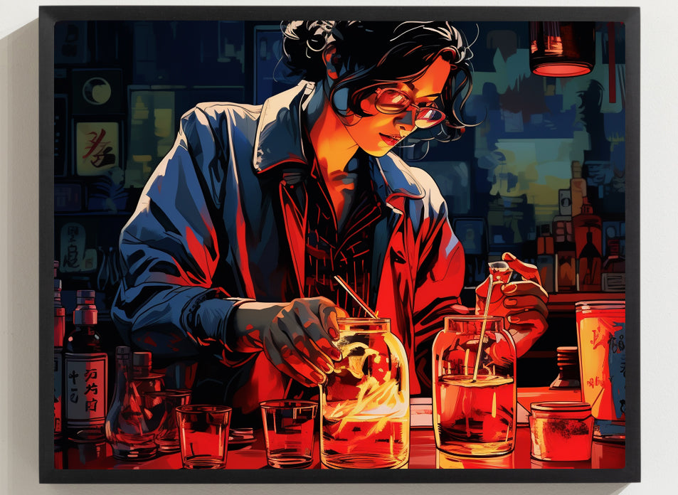 Framed Print Artwork Bar/Night Life Art Framed Poster Painting Alcohol Art Attractive female Bartender Fixing Drinks In A Vibrant Neon Red Bar
