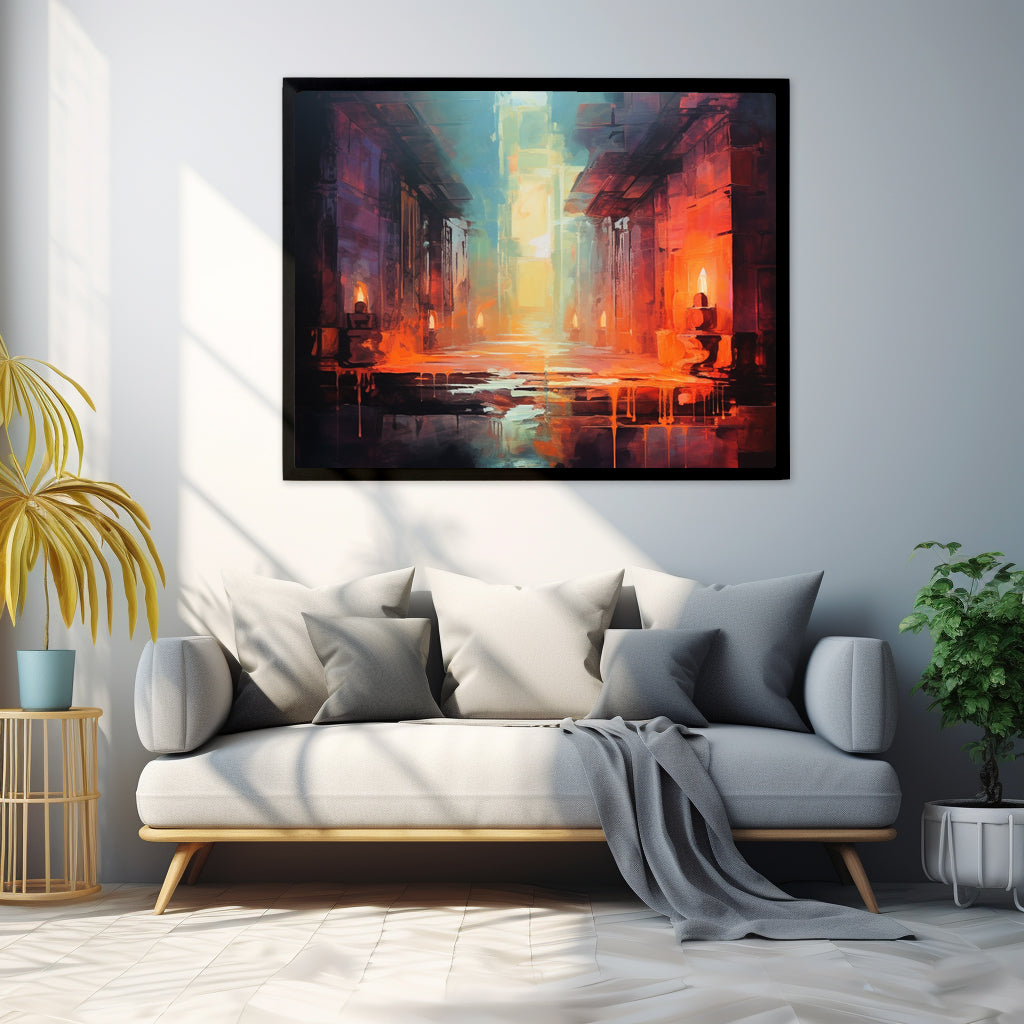 Framed Print Abstract artwork Vibrant Art Framed Oil Painting Style Stone Surroundings Lit By Candle Light Overall Ancient Feel Surrounded By Stone Abstract Art