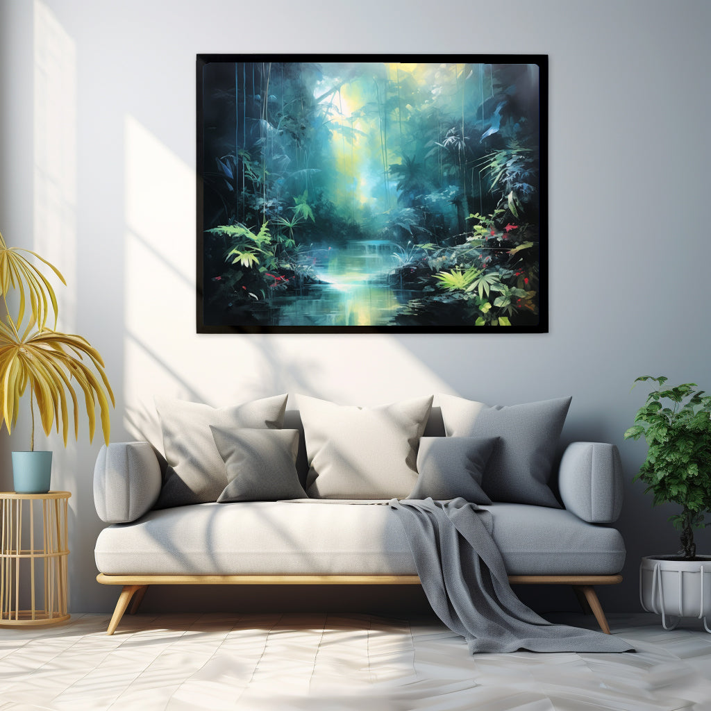 Framed Print Abstract Artwork Dense Misty Jungle And Stream Of Water Truly A Mesmerising Unworldly Scene Oil Painting Style Abstract Art Natural Conversation Starter Framed Poster Nature
