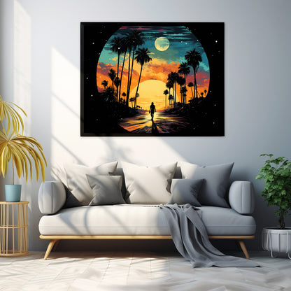 Framed Print artwork sunset watercolor oceanside framed painting Warm Colors Vintage Cars And A Large Sun Setting Into The Horizon Framed Print Artwork