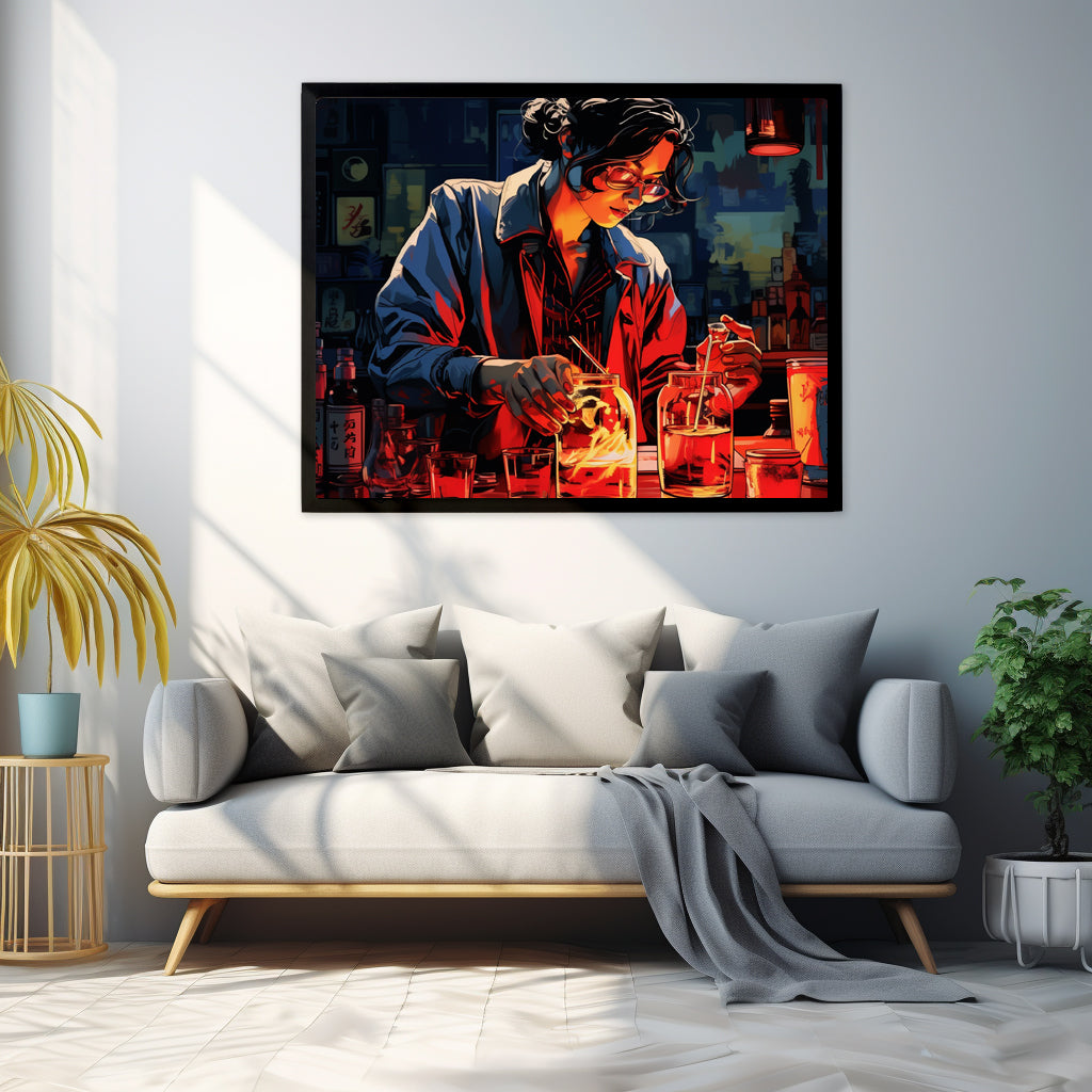 Framed Print Artwork Bar/Night Life Art Framed Poster Painting Alcohol Art Attractive female Bartender Fixing Drinks In A Vibrant Neon Red Bar
