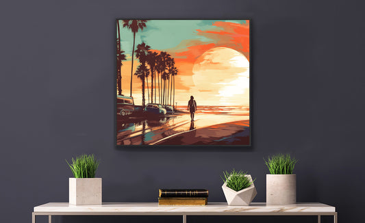 Framed Print artwork sunset watercolor oceanside framed painting Warm Colors Vintage Cars And A Large Sun Setting Into The Horizon Framed Print Artwork