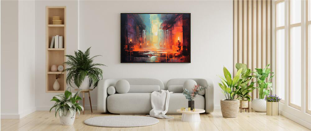 Framed Print Abstract artwork Vibrant Art Framed Oil Painting Style Stone Surroundings Lit By Candle Light Overall Ancient Feel Surrounded By Stone Abstract Art