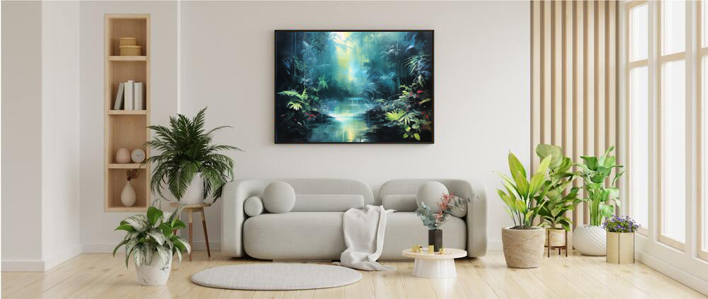 Framed Print Abstract Artwork Dense Misty Jungle And Stream Of Water Truly A Mesmerising Unworldly Scene Oil Painting Style Abstract Art Natural Conversation Starter Framed Poster Nature