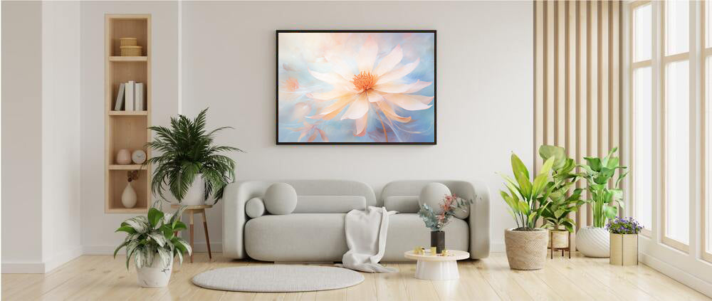 Framed Print Watercolor Style Soft White Daisy Flower Light Blue Background Soothing & Overall Calming Feel Painted Nature Art Plants Flowers Garden Framed Poster