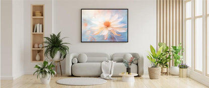 Framed Print Watercolor Style Soft White Daisy Flower Light Blue Background Soothing & Overall Calming Feel Painted Nature Art Plants Flowers Garden Framed Poster