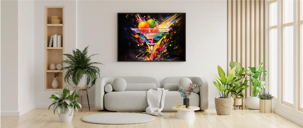 Framed Print artwork Bar/Night Life Art Bright Vibrant Neon Splashes Surrounding A Martini Glass Full Of Alcohol On Black Background Framed Poster Painting Alcohol Art Iced Drink Close Up 