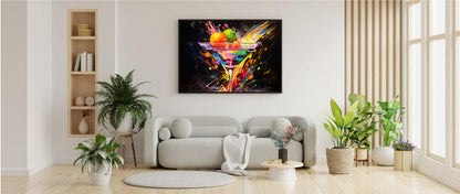 Framed Print artwork Bar/Night Life Art Bright Vibrant Neon Splashes Surrounding A Martini Glass Full Of Alcohol On Black Background Framed Poster Painting Alcohol Art Iced Drink Close Up 