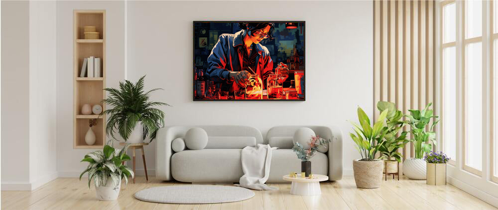 Framed Print Artwork Bar/Night Life Art Framed Poster Painting Alcohol Art Attractive female Bartender Fixing Drinks In A Vibrant Neon Red Bar