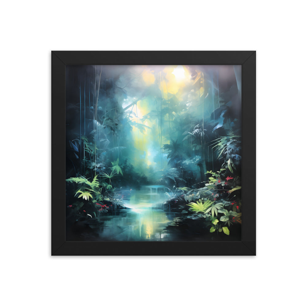 Framed Print Abstract Artwork Dense Misty Jungle And Stream Of Water Truly A Mesmerising Unworldly Scene Oil Painting Style Abstract Art Natural Conversation Starter Framed Poster Nature 10x10"