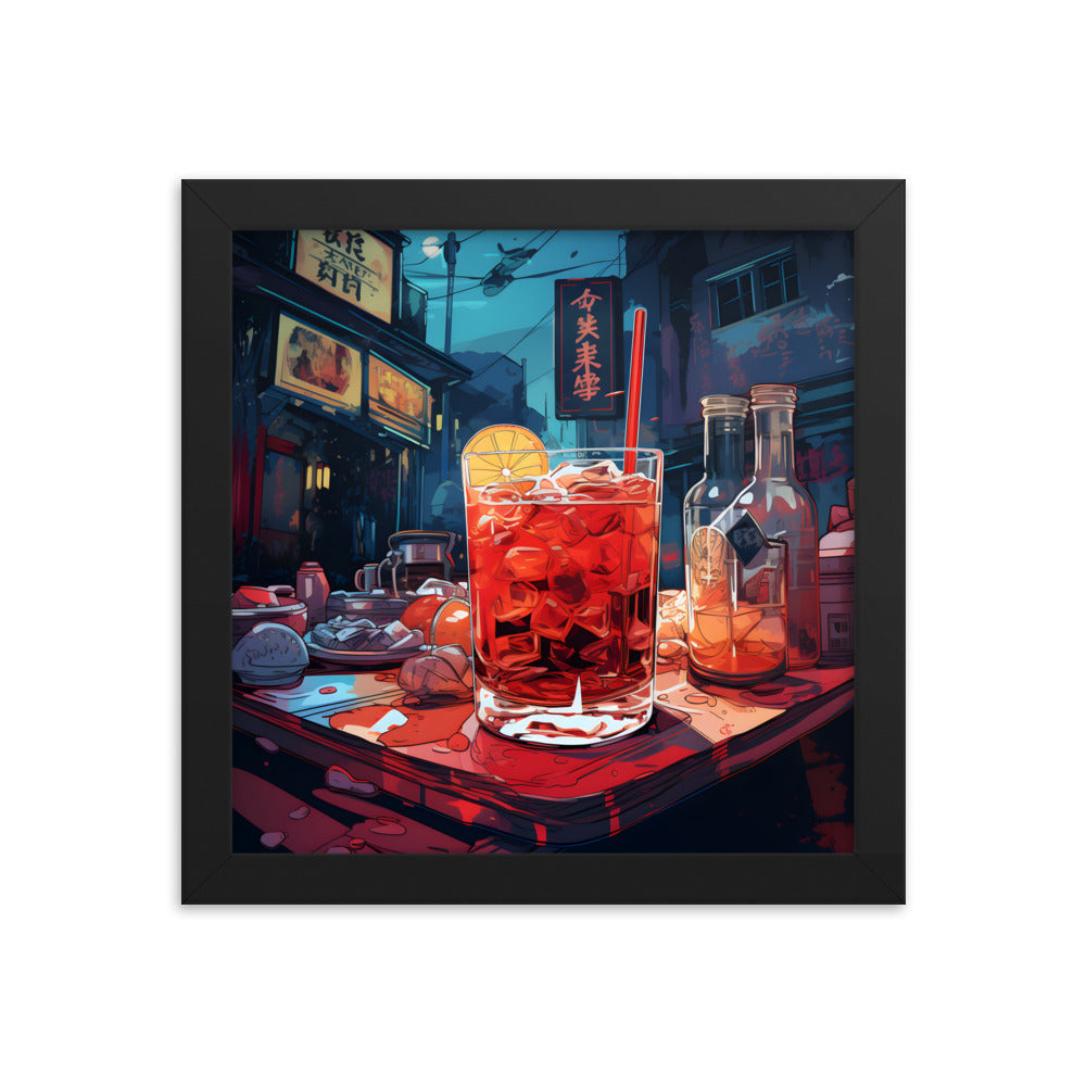 Framed Print Artwork Japanese Manga Style Alcohol And Night Life Bar Art Alcoholic Drink With Ice And Lemon Slice Framed Poster Neon Light Bar Artwork 10x10"