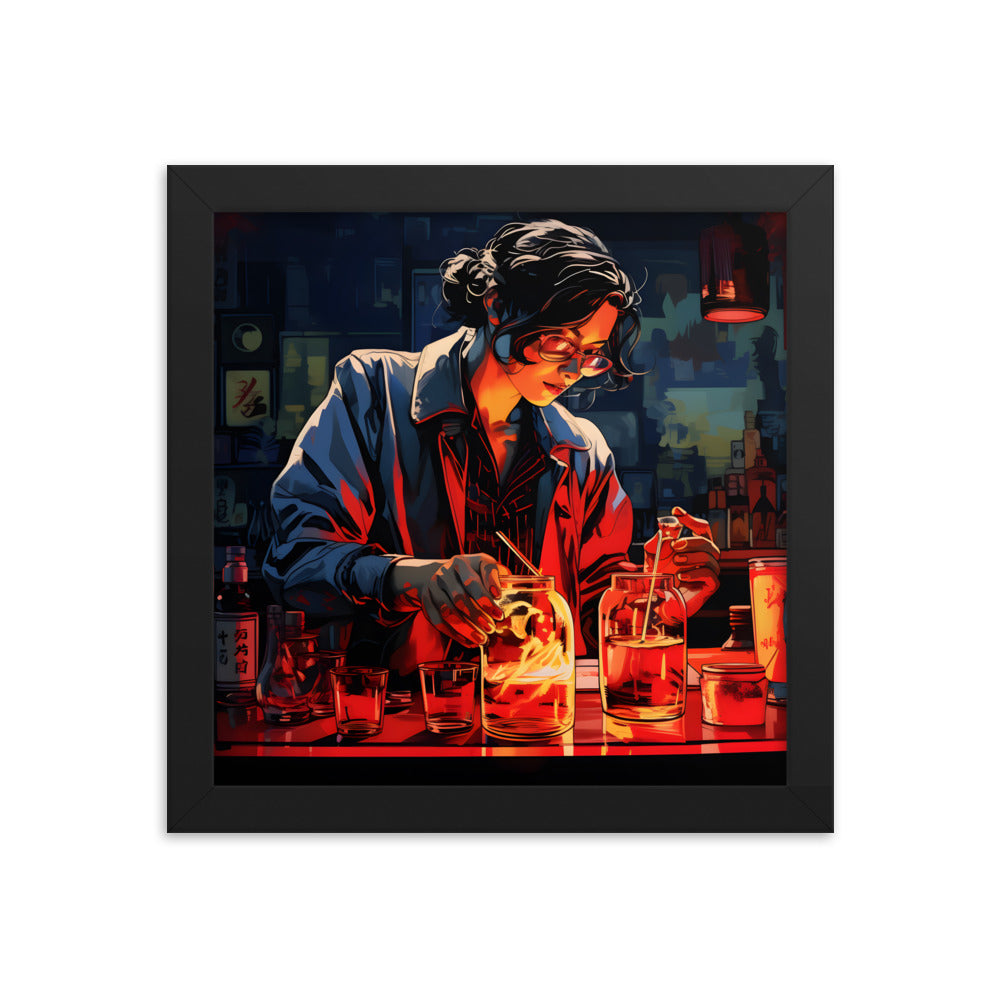 Framed Print Artwork Bar/Night Life Art Framed Poster Painting Alcohol Art Attractive female Bartender Fixing Drinks In A Vibrant Neon Red Bar 10x10"