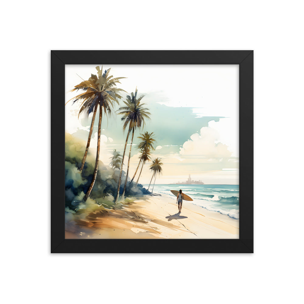 Framed Print Artwork Beach Ocean Surfing Art Surfer On Beach Holding Surfboard And Palm Tree Silhouettes Water Color Style City In The Distant Background Hindered By Sea Mist Impressive Beach Scene Framed Print Artwork Lifestyle 10x10"