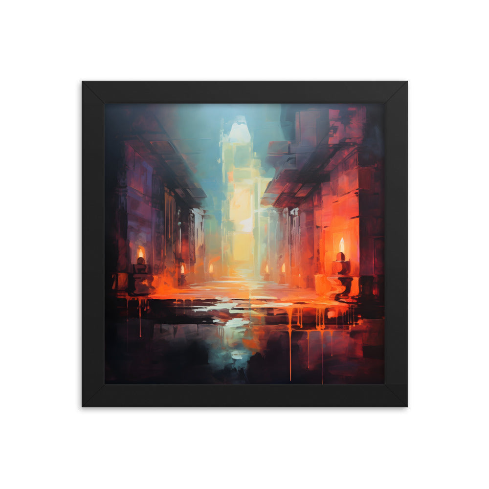 Framed Print Abstract artwork Vibrant Art Framed Oil Painting Style Stone Surroundings Lit By Candle Light Overall Ancient Feel Surrounded By Stone Abstract Art 10x10"