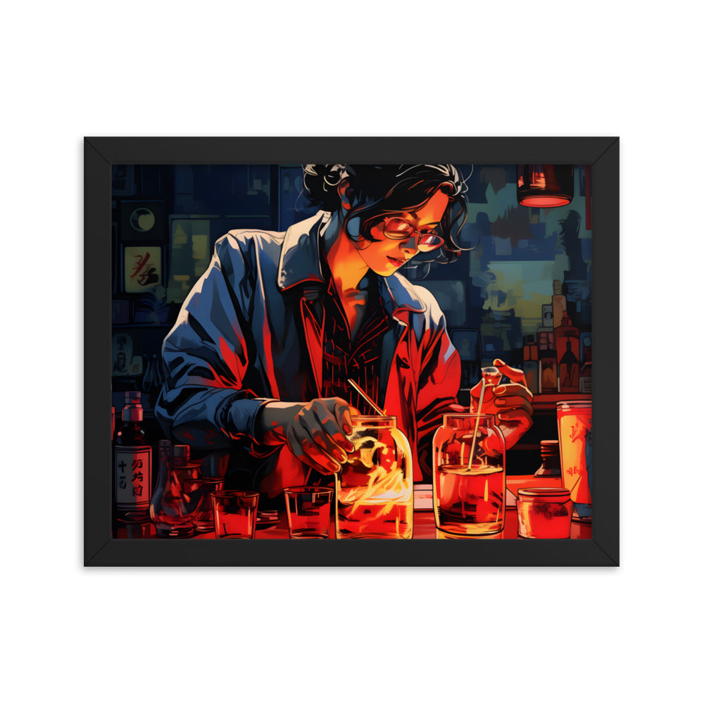 Framed Print Artwork Bar/Night Life Art Framed Poster Painting Alcohol Art Attractive female Bartender Fixing Drinks In A Vibrant Neon Red Bar 11x14"