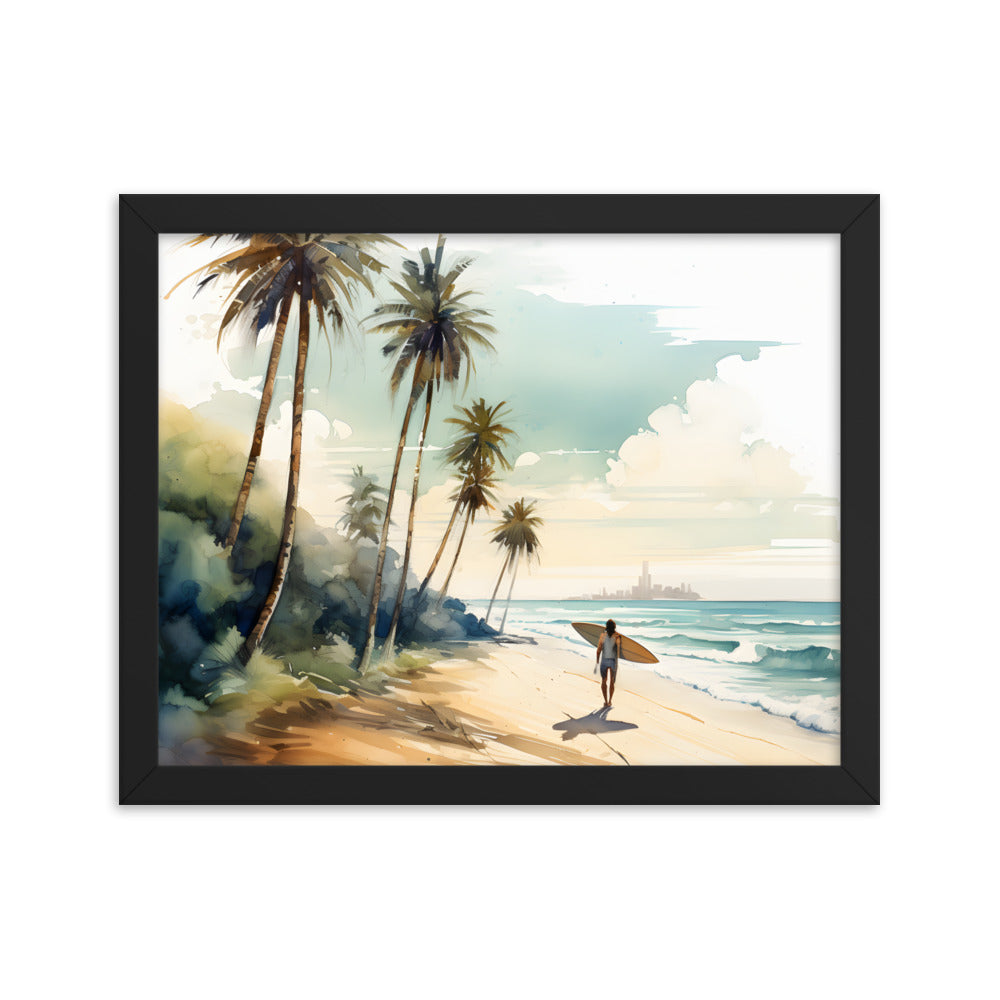 Framed Print Artwork Beach Ocean Surfing Art Surfer On Beach Holding Surfboard And Palm Tree Silhouettes Water Color Style City In The Distant Background Hindered By Sea Mist Impressive Beach Scene Framed Print Artwork Lifestyle 11x14"