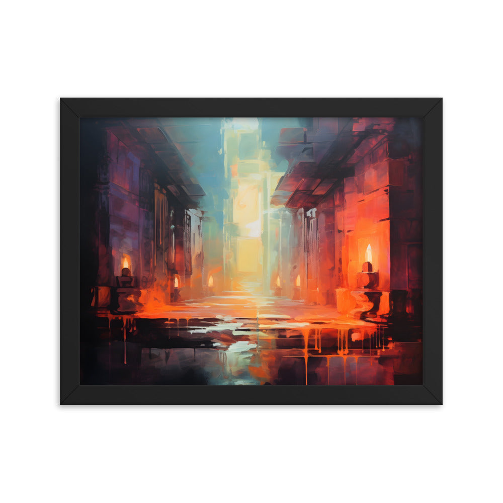 Framed Print Abstract artwork Vibrant Art Framed Oil Painting Style Stone Surroundings Lit By Candle Light Overall Ancient Feel Surrounded By Stone Abstract Art 11x14"