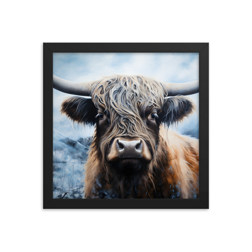 Framed Print Poster Artwork Strong Stunning Highlander Bull Emotional Staring Into The Viewer Captivating Highly Detailed Painting Style 12x12"