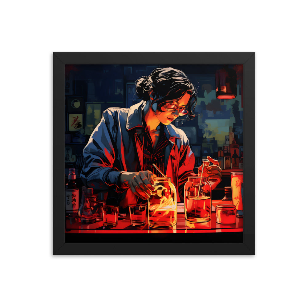 Framed Artwork Bar/Night Life Art Framed Painting Alcohol Art Bartender Fixing Drinks In A Vibrant Bar