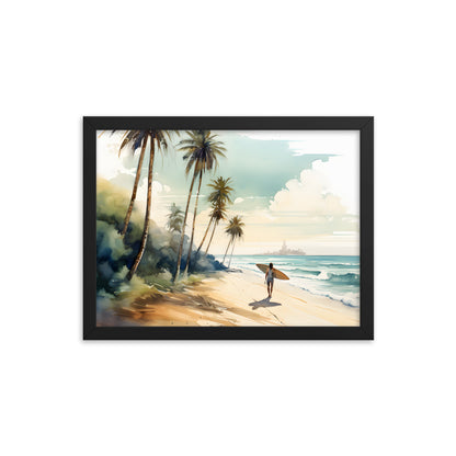 Framed Print Artwork Beach Ocean Surfing Art Surfer On Beach Holding Surfboard And Palm Tree Silhouettes Water Color Style City In The Distant Background Hindered By Sea Mist Impressive Beach Scene Framed Print Artwork Lifestyle 12x16"