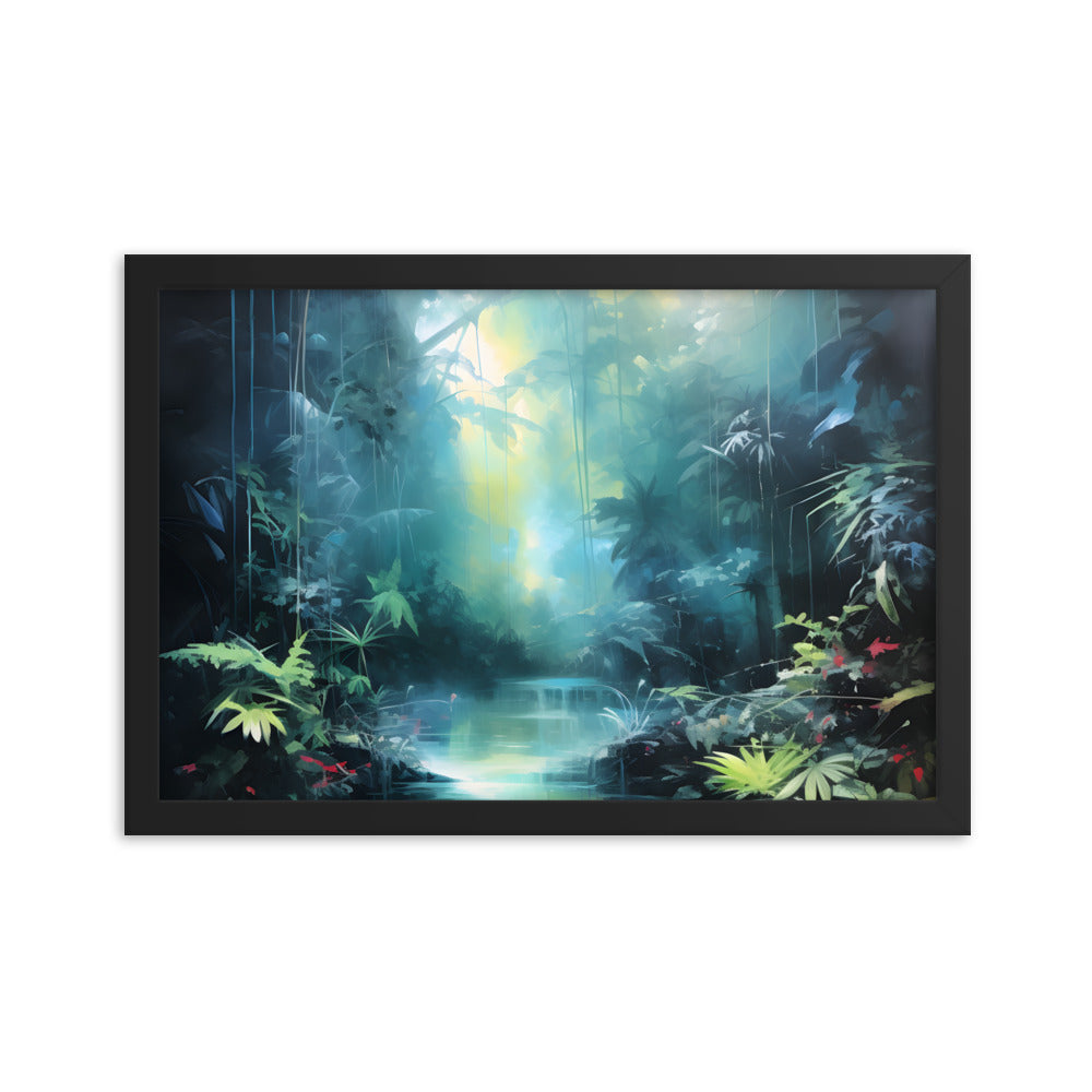 Framed Print Abstract Artwork Dense Misty Jungle And Stream Of Water Truly A Mesmerising Unworldly Scene Oil Painting Style Abstract Art Natural Conversation Starter Framed Poster Nature 12x18"