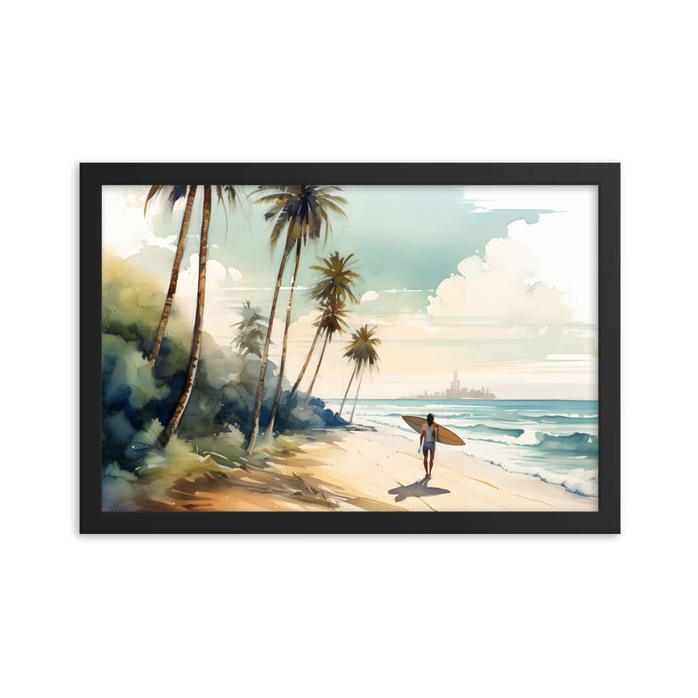 Framed Print Artwork Beach Ocean Surfing Art Surfer On Beach Holding Surfboard And Palm Tree Silhouettes Water Color Style City In The Distant Background Hindered By Sea Mist Impressive Beach Scene Framed Print Artwork Lifestyle 12x18"