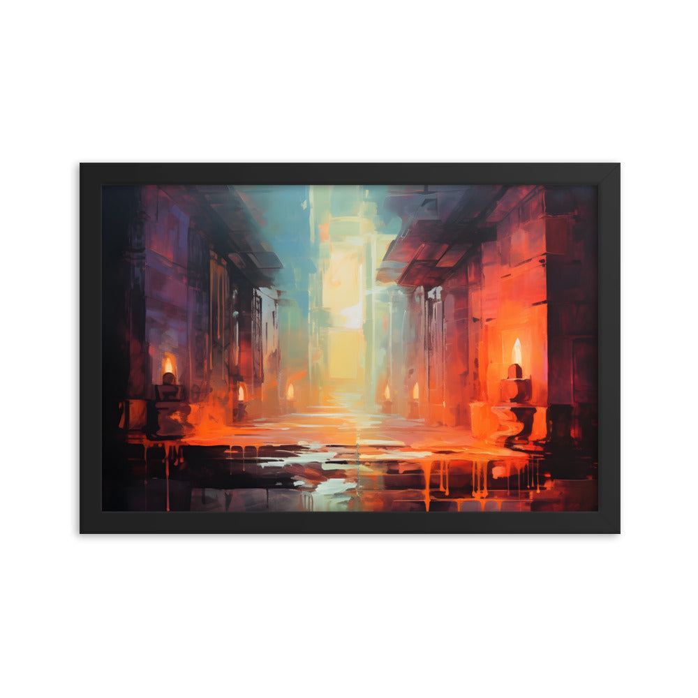 Framed Print Abstract artwork Vibrant Art Framed Oil Painting Style Stone Surroundings Lit By Candle Light Overall Ancient Feel Surrounded By Stone Abstract Art 12x18"