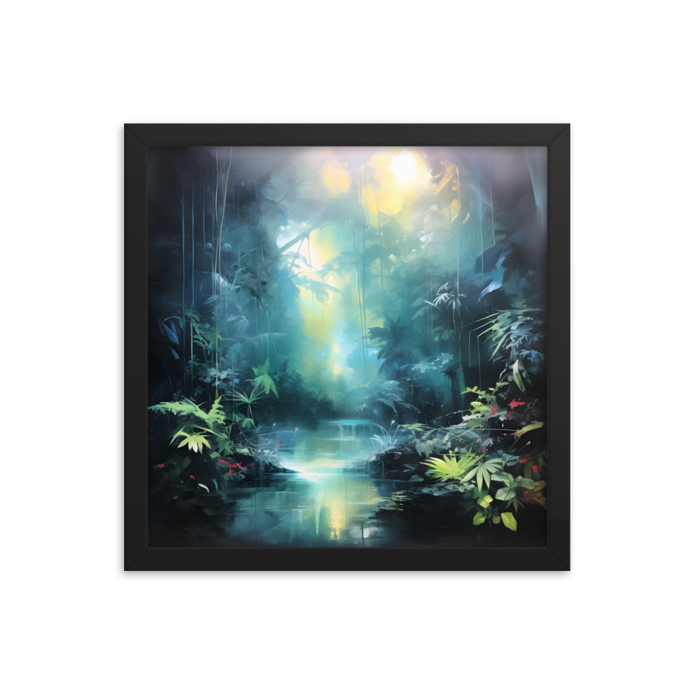 Framed Print Abstract Artwork Dense Misty Jungle And Stream Of Water Truly A Mesmerising Unworldly Scene Oil Painting Style Abstract Art Natural Conversation Starter Framed Poster Nature 14x14"