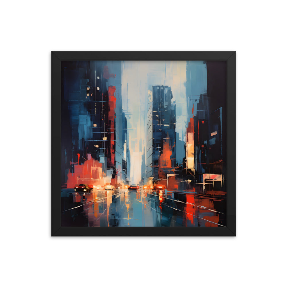 Framed Print Abstract Urban Mystique Dense City Art Cars Driving Through City Conversation Starter Framed Poster Busy City Streets People Walking Through A City With Large Buildings 14x14