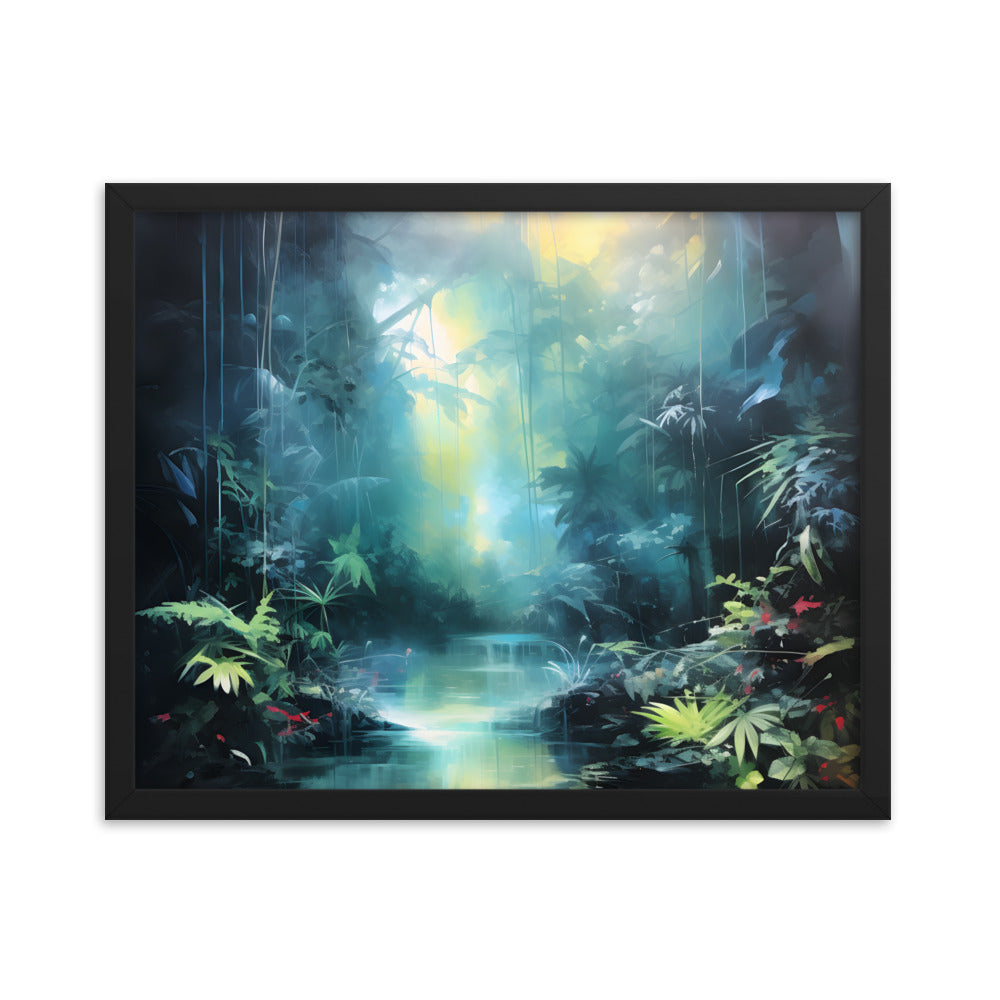 Framed Print Abstract Artwork Dense Misty Jungle And Stream Of Water Truly A Mesmerising Unworldly Scene Oil Painting Style Abstract Art Natural Conversation Starter Framed Poster Nature 16x20"