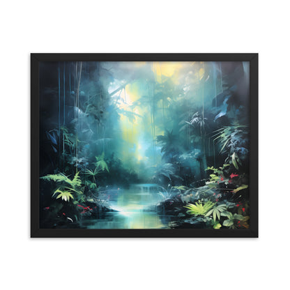Framed Print Abstract Artwork Dense Misty Jungle And Stream Of Water Truly A Mesmerising Unworldly Scene Oil Painting Style Abstract Art Natural Conversation Starter Framed Poster Nature 16x20"