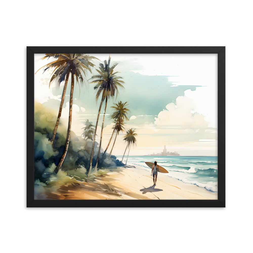 Framed Print Lifestyle/Ocean Side Artwork Dark Sunset Palm Tree Silhouettes Line The Pathway Large Sun Setting In Line With Perspective Moon Lit Star Filled Night Sky Framed Print Artwork 16x20"