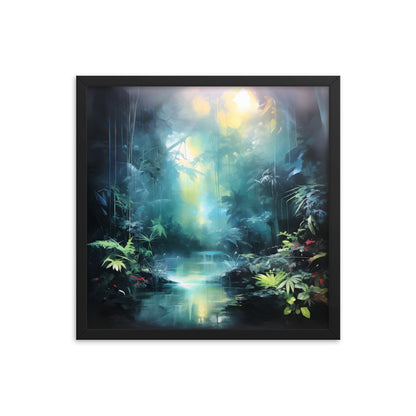 Framed Print Abstract Artwork Dense Misty Jungle And Stream Of Water Truly A Mesmerising Unworldly Scene Oil Painting Style Abstract Art Natural Conversation Starter Framed Poster Nature 18x18"