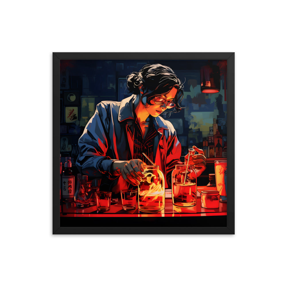 Framed Print Artwork Bar/Night Life Art Framed Poster Painting Alcohol Art Attractive female Bartender Fixing Drinks In A Vibrant Neon Red Bar 18x18"