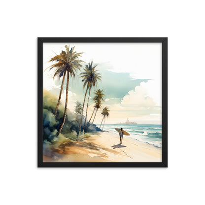 Framed Print Lifestyle/Ocean Side Artwork Dark Sunset Palm Tree Silhouettes Line The Pathway Large Sun Setting In Line With Perspective Moon Lit Star Filled Night Sky Framed Print Artwork 18x18"