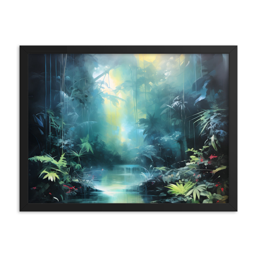 Framed Print Abstract Artwork Dense Misty Jungle And Stream Of Water Truly A Mesmerising Unworldly Scene Oil Painting Style Abstract Art Natural Conversation Starter Framed Poster Nature 18x24"