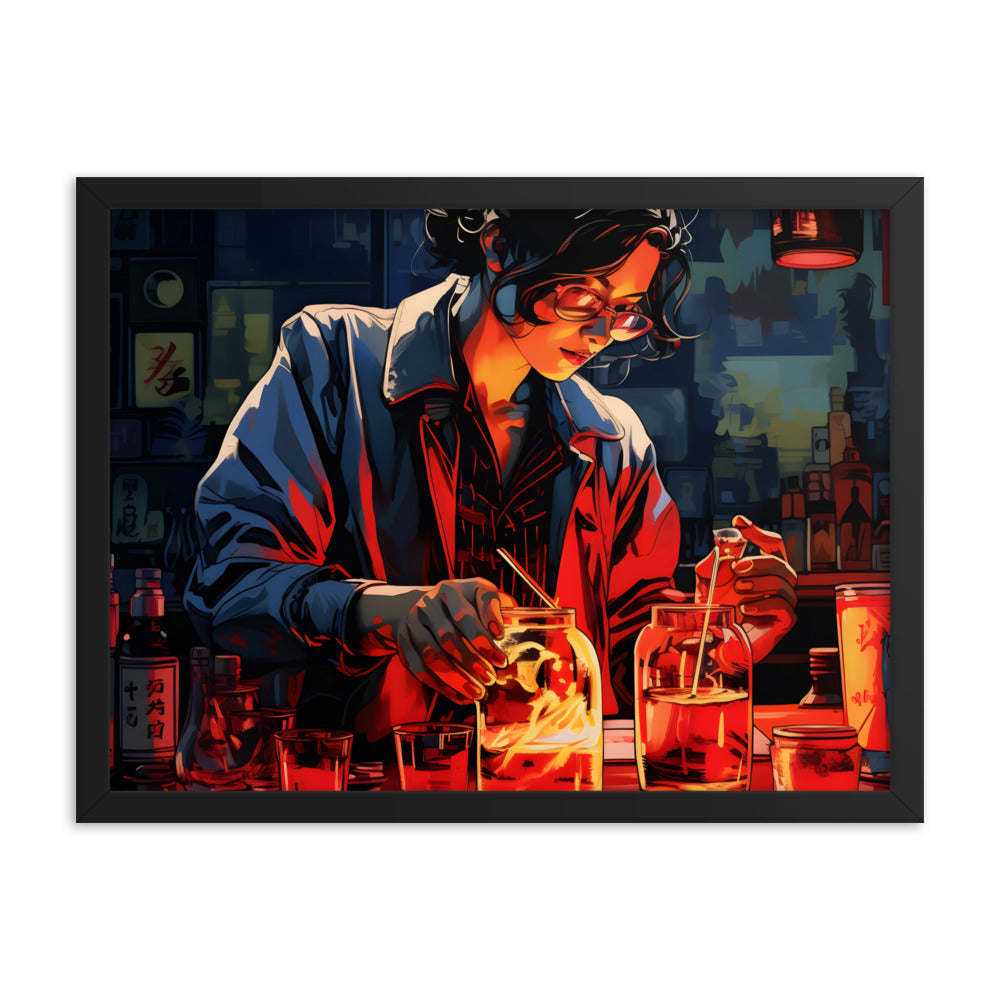 Framed Print Artwork Bar/Night Life Art Framed Poster Painting Alcohol Art Attractive female Bartender Fixing Drinks In A Vibrant Neon Red Bar 18x24"