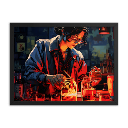 Framed Print Artwork Bar/Night Life Art Framed Poster Painting Alcohol Art Attractive female Bartender Fixing Drinks In A Vibrant Neon Red Bar 18x24"