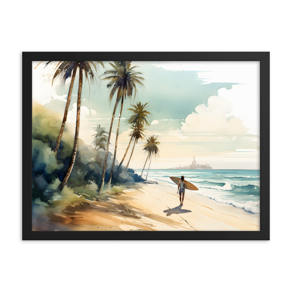 Framed Print Artwork Beach Ocean Surfing Art Surfer On Beach Holding Surfboard And Palm Tree Silhouettes Water Color Style City In The Distant Background Hindered By Sea Mist Impressive Beach Scene Framed Print Artwork Lifestyle 18x24"