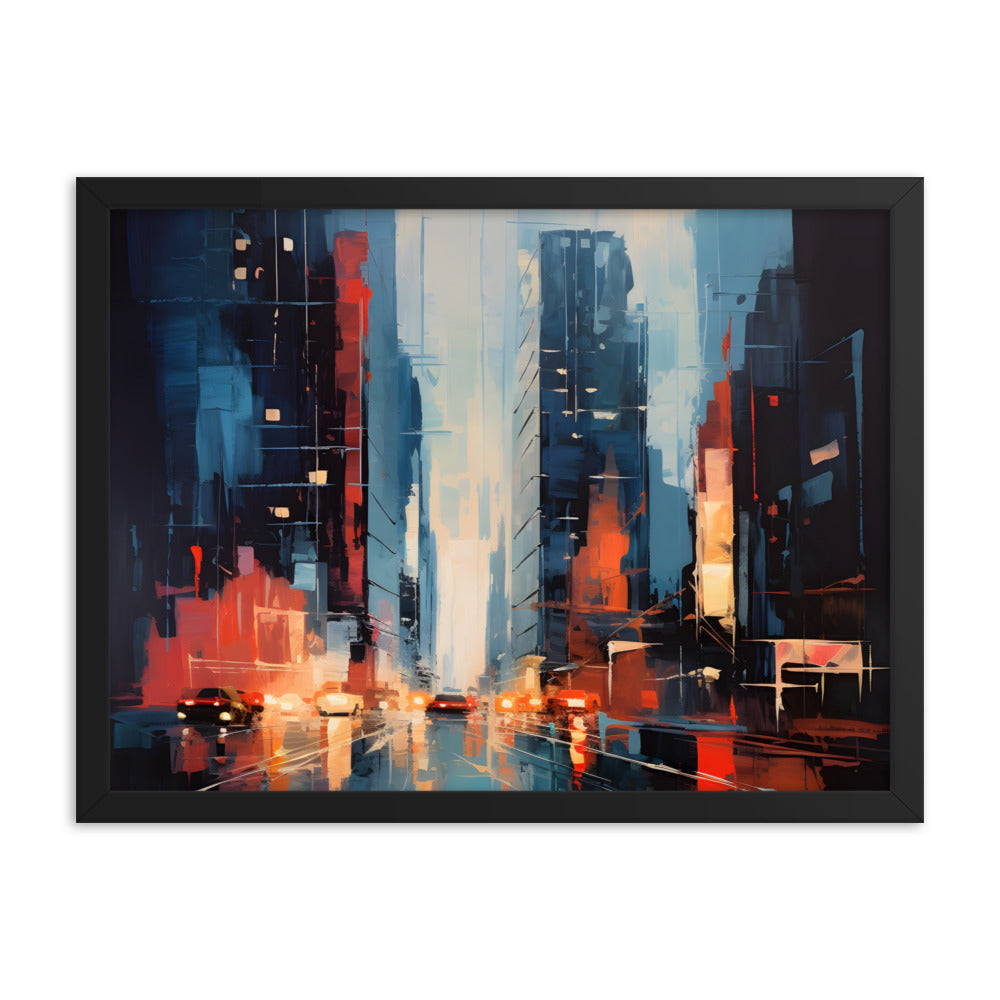 Framed Print Abstract Urban Mystique Dense City Art Cars Driving Through City Conversation Starter Framed Poster Busy City Streets People Walking Through A City With Large Buildings 18x24"